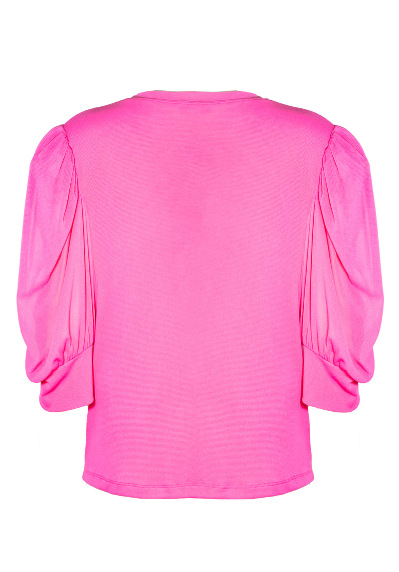 SOLID STRETCH WITH TRIM PIXEL BUTTERFLY EMB PUFF SLEEVES TOP