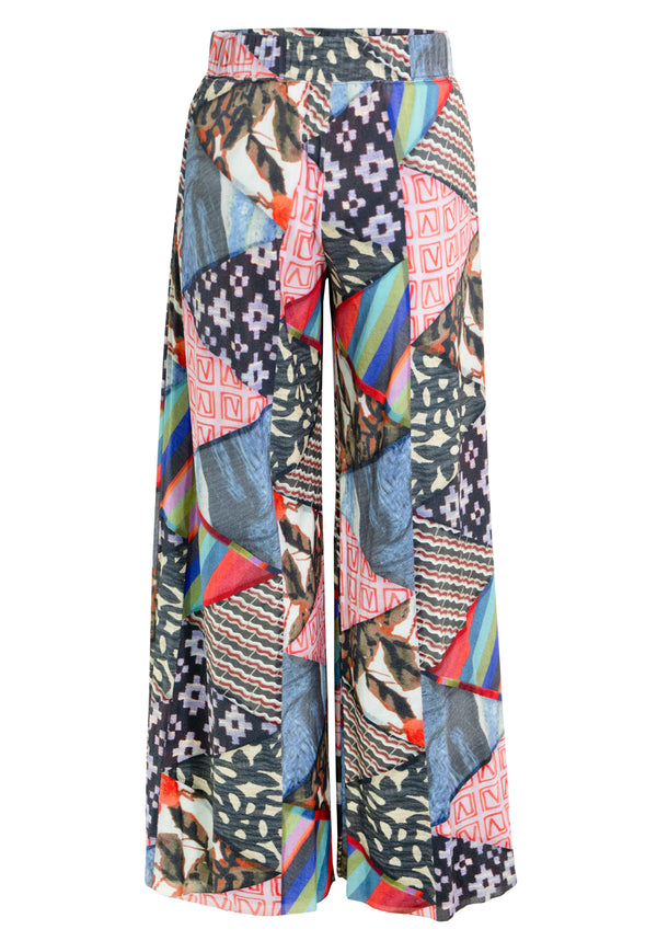 TRIANGLE PATTERN PATCHWORK PRINT ST NETTING WIDE-LEG PANTS