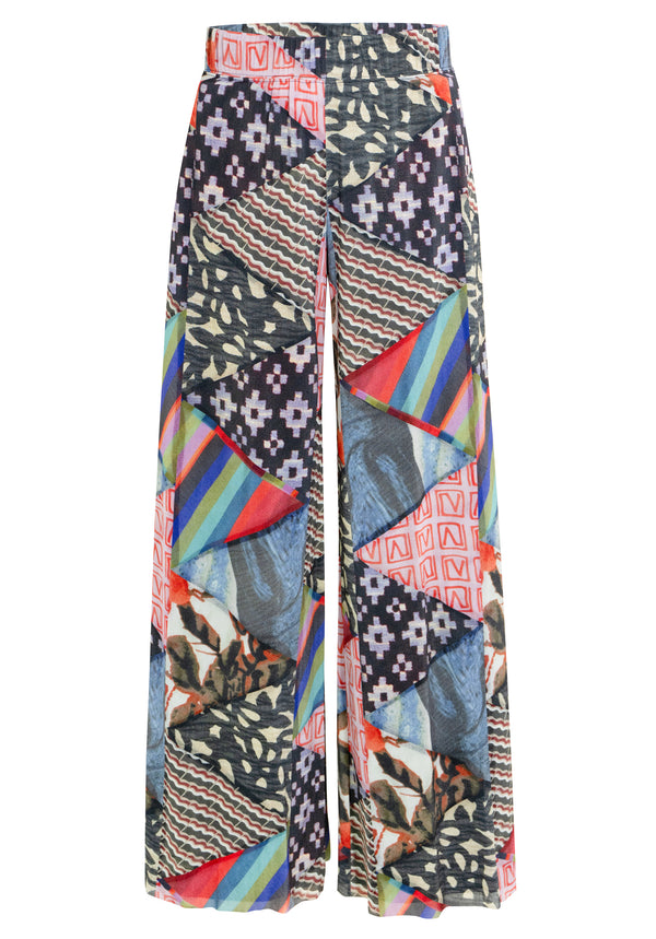 TRIANGLE PATTERN PATCHWORK PRINT ST NETTING WIDE-LEG PANTS