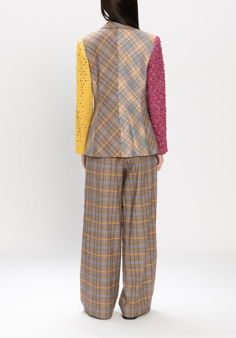 PATCHWORK PLAID WIDE LEG PANTS