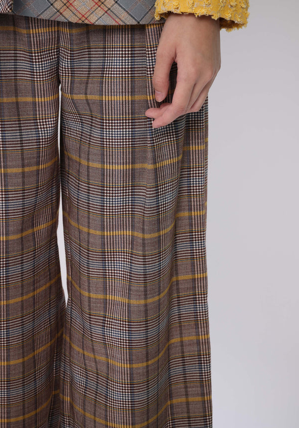 PATCHWORK PLAID WIDE LEG PANTS