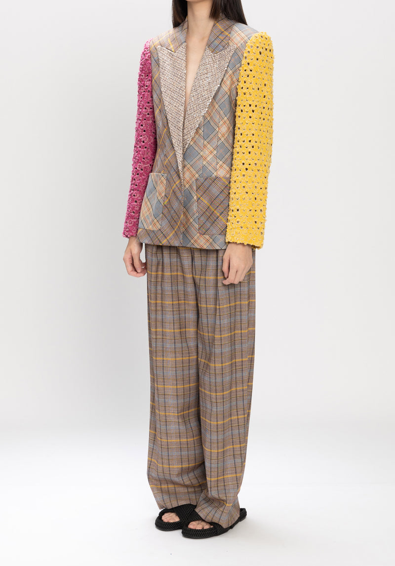 PATCHWORK PLAID WIDE LEG PANTS