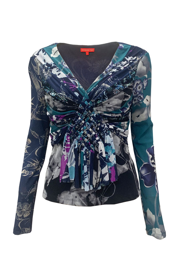 PATCHWORK PRINT ON ST NETTING LONG SLEEVES V-NECK TOP