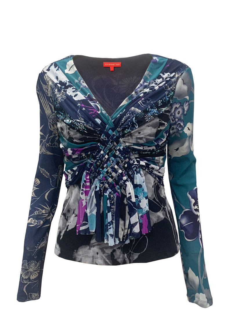 PATCHWORK PRINT ON ST NETTING LONG SLEEVES V-NECK TOP