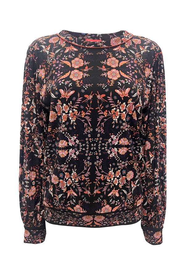 FLOWER EMB PRINT ON ST NETTING CREW NECK TOP