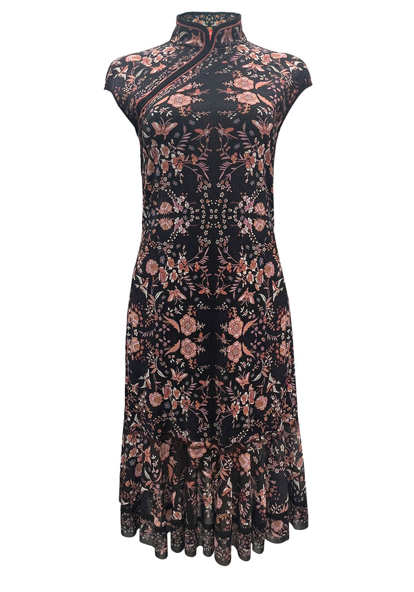 FLOWER EMB PRINT ON ST NETTING CHEONGSAM DRESS