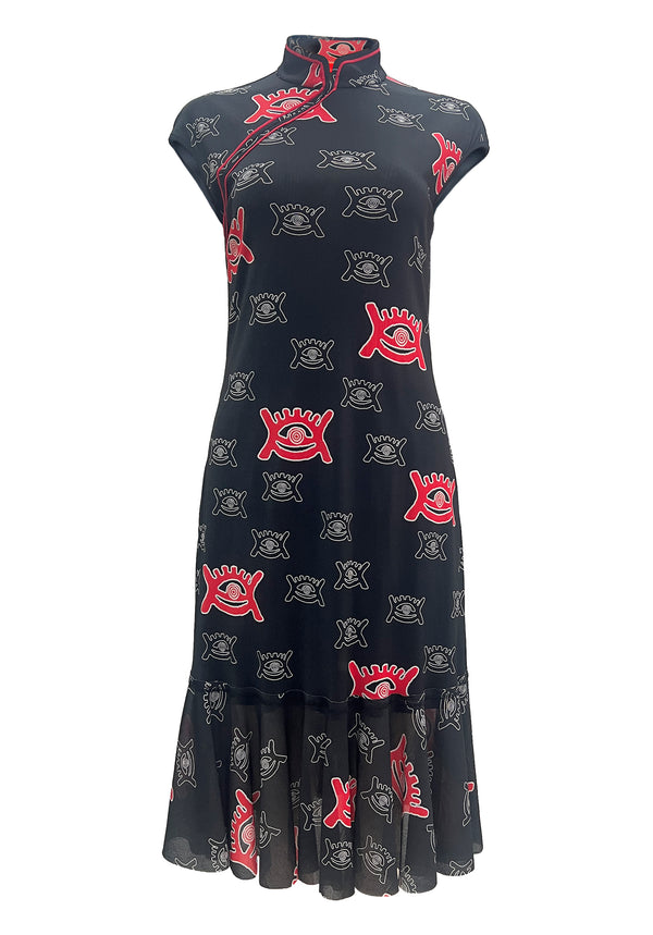 EYE OF UNIVERSE PRINT ST NETTING CHEONGSAM DRESS