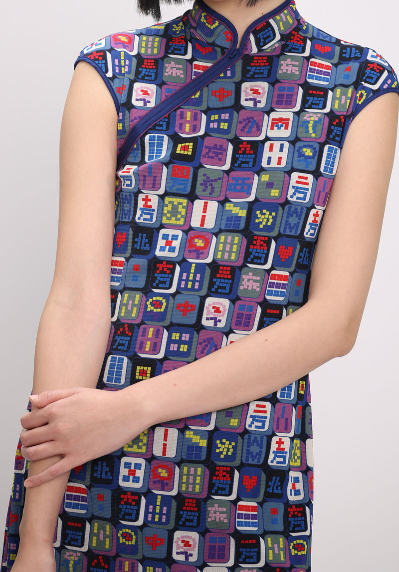 MAHJONG PRINT ST NETTING CHEONGSAM DRESS