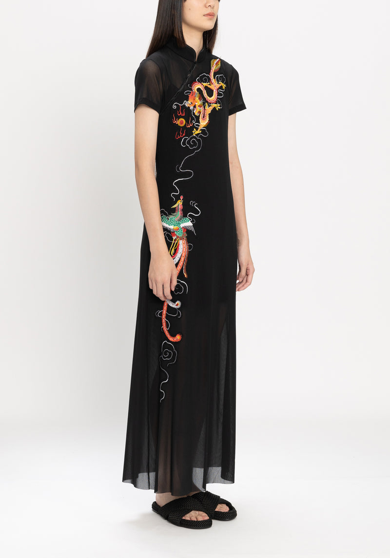 DRAGON & PHOENIX EMB ON ST NETTING CHEONGSAM