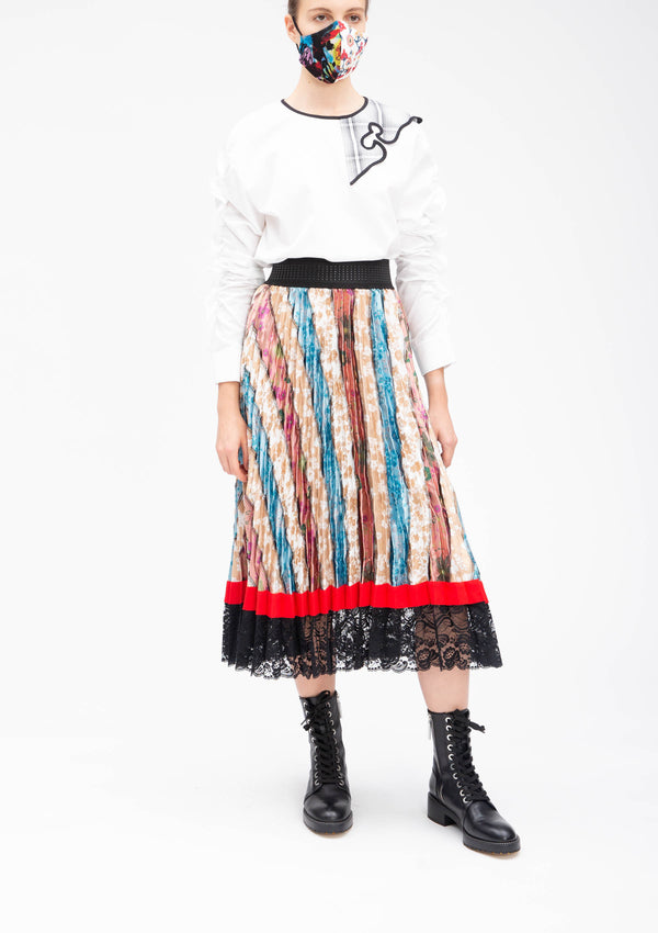 JACQUARD PATCHWORK SUN PLEATED SKIRT