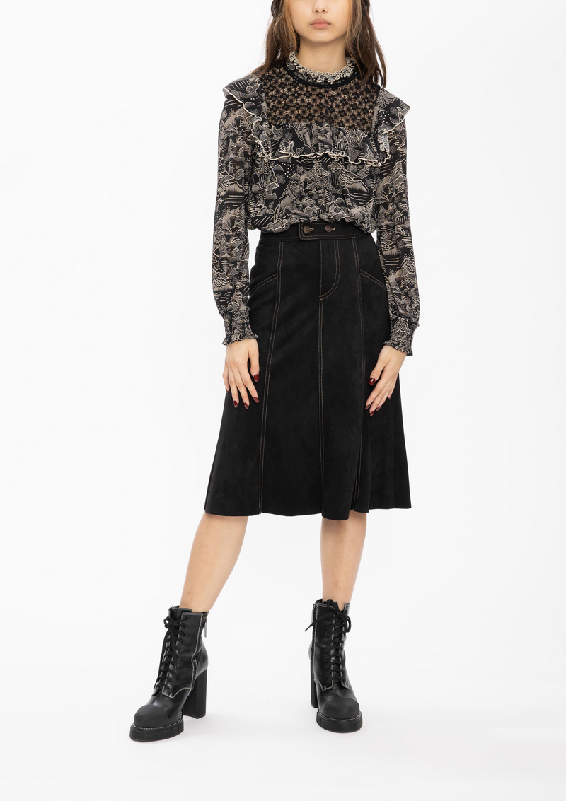 BLACK ULTRA SUEDE MIDI SKIRT