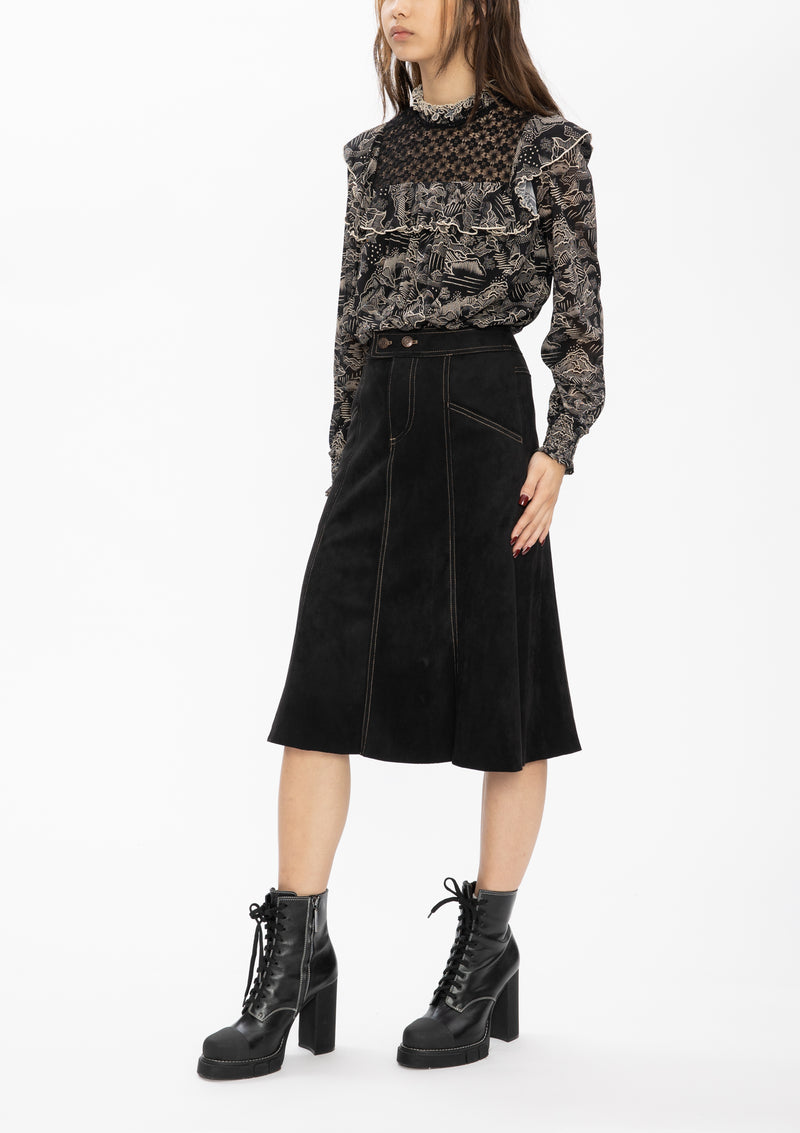 BLACK ULTRA SUEDE MIDI SKIRT