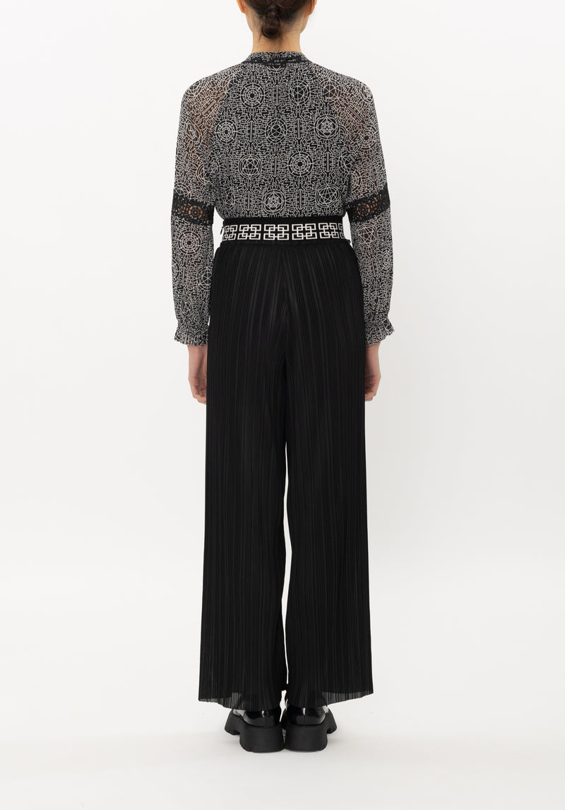 LOGO JACQUARD ELASTIC PLEATED POLY PANTS