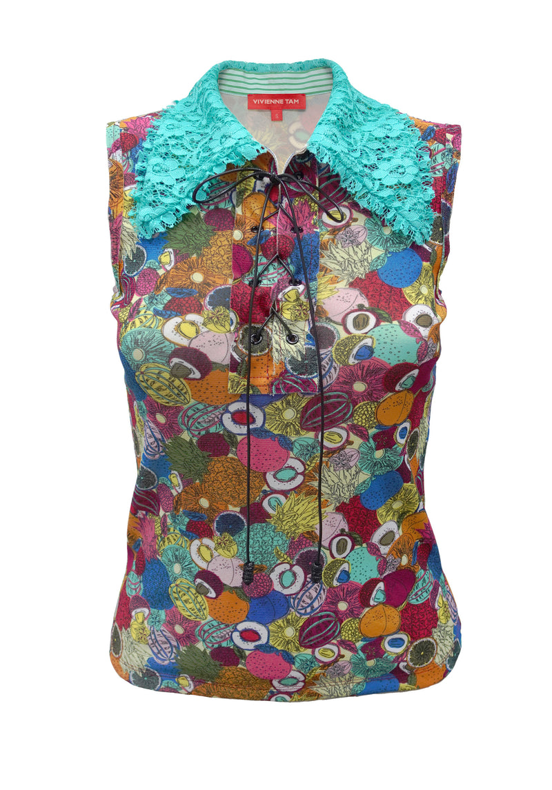 SMALL FRUIT ALLOVER PRINT ON ST NETTING SLEEVELESS TOP