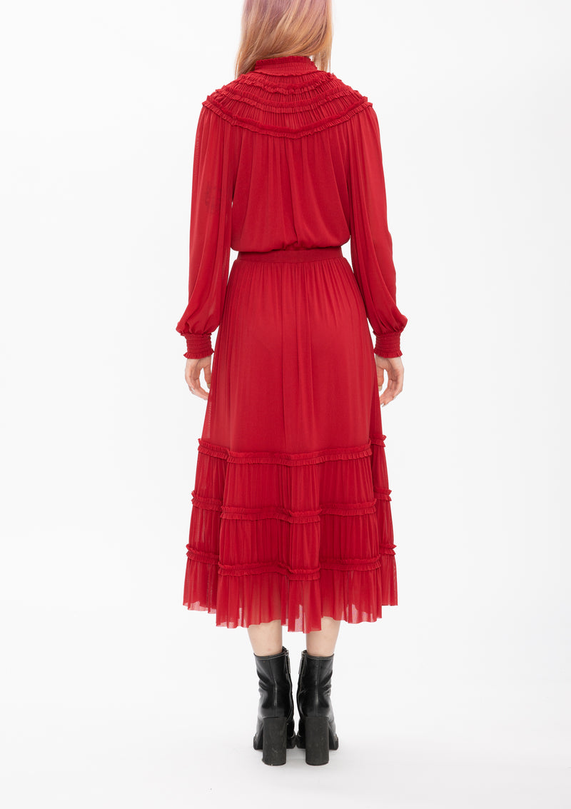 RUSTY RED HIGH COLLAR PLEATED NETTING DRESS