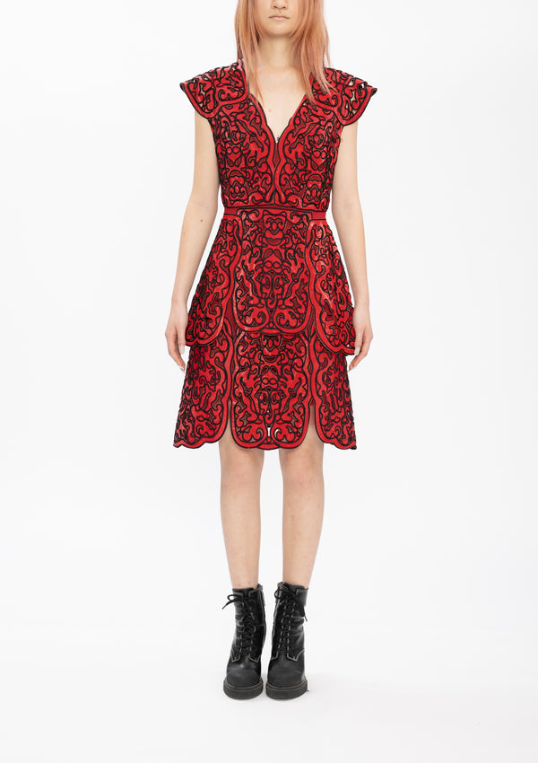 RED CORDING CUT OUT LACE GLOSSY WOVEN DRESS