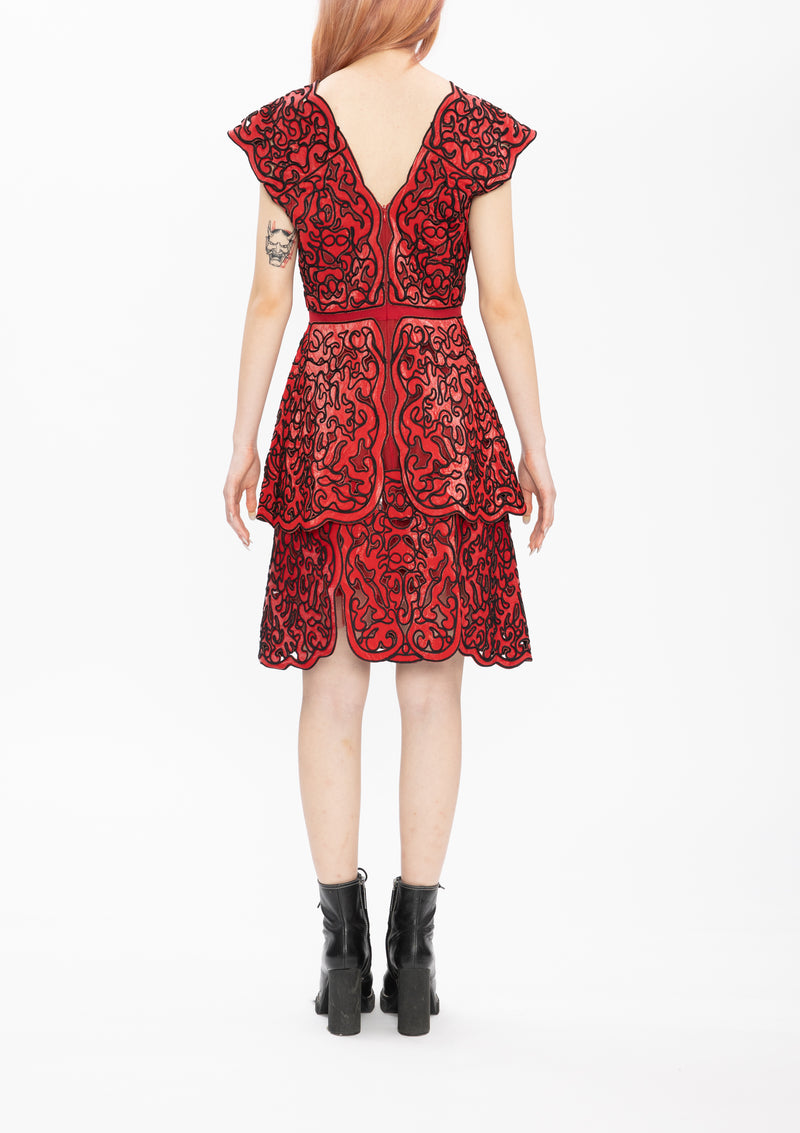 RED CORDING CUT OUT LACE GLOSSY WOVEN DRESS