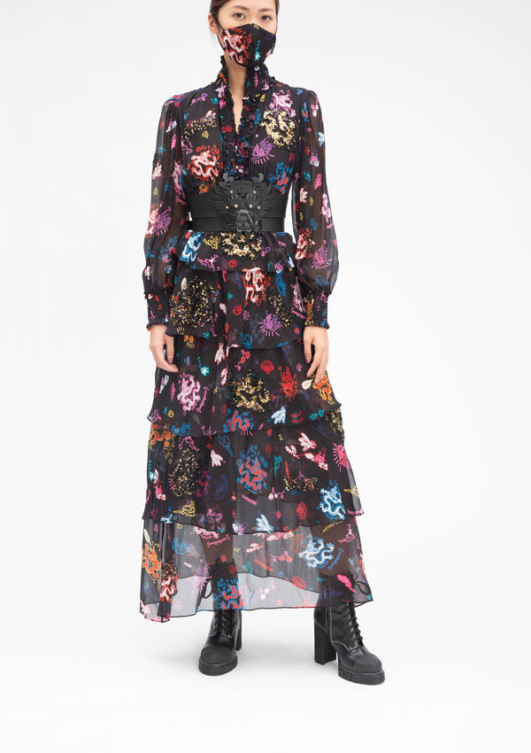 GRAFFITI DRAGON HIGH COLLAR BLACK RUFFLE SILK GOWN