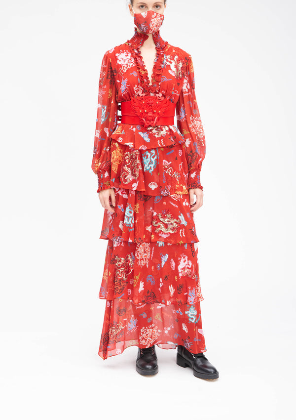 GRAFFITI DRAGON HIGH COLLAR RED RUFFLE SILK GOWN