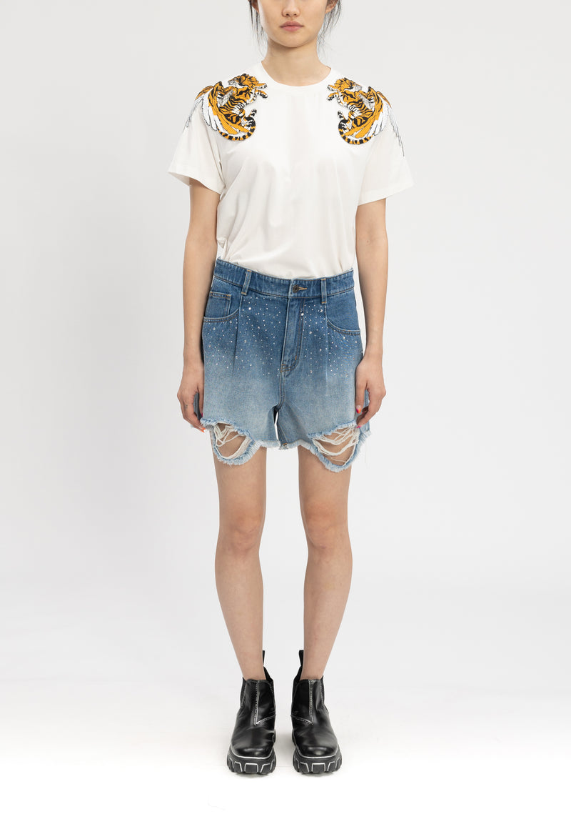 GRADIATION CRYSTAL STONE DENIM DISTRESSED SHORTS