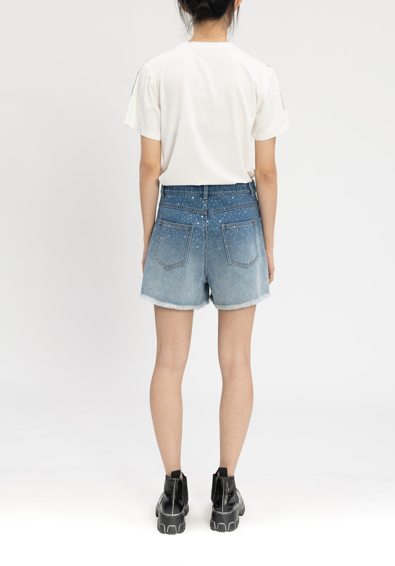 GRADIATION CRYSTAL STONE DENIM DISTRESSED SHORTS