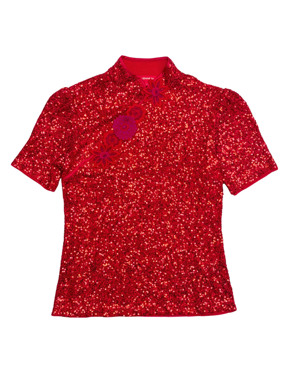 RED FLOWERS ELASTIC SEQUIN CHEONGSAM TOP